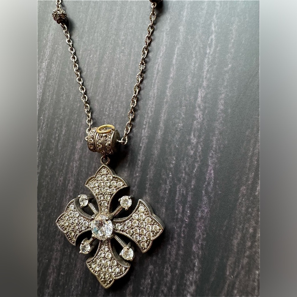 Crystal Embellished Cross Pendant Long Beaded Chain Antique Style